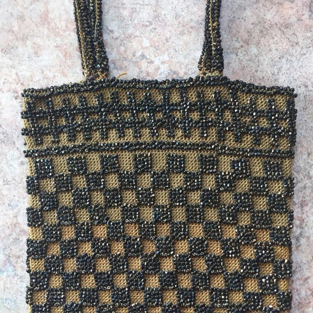 Vintage beaded fringe checkerboard mini purse bag - Picture 3 of 6